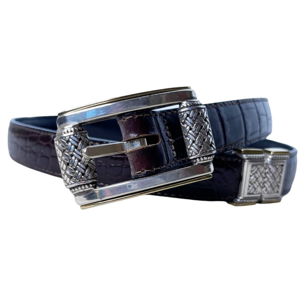 BRIGHTON Crocodile Embossed Leather Belt with Metal Embellished Hardware Size S
